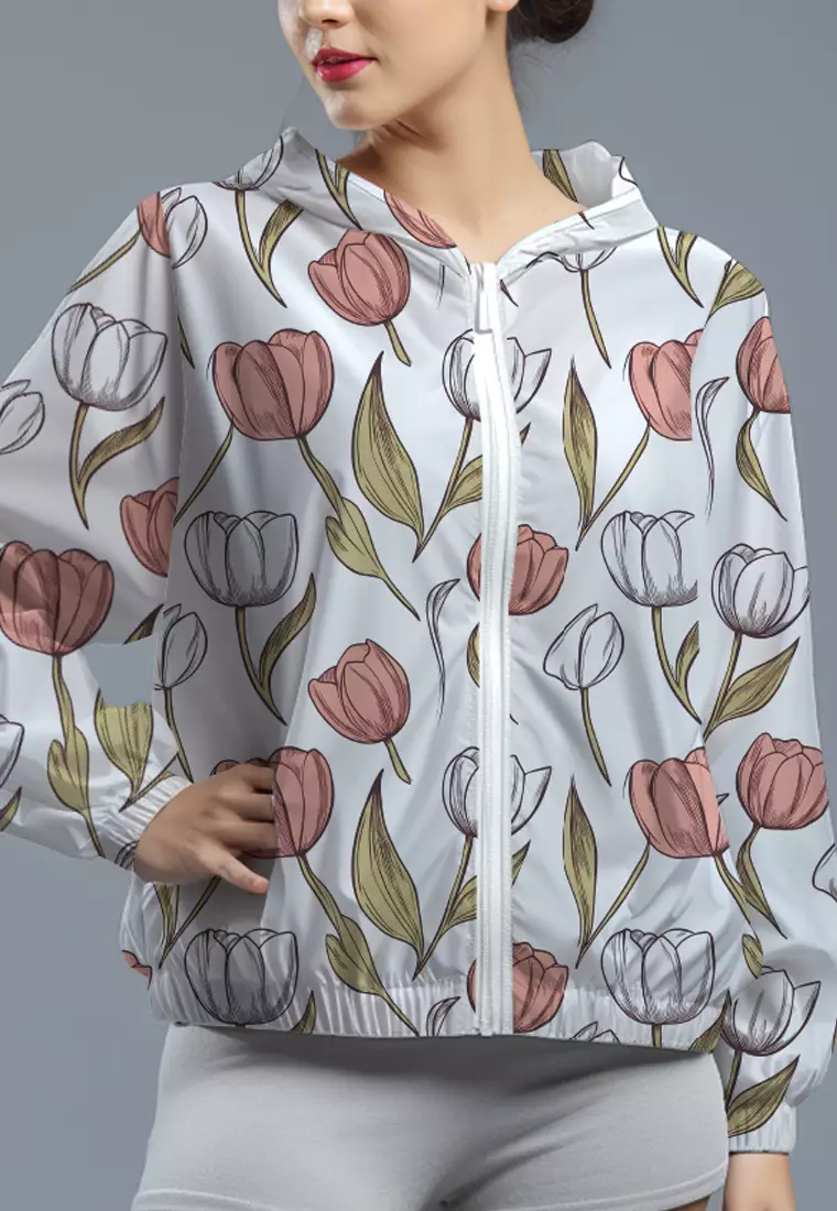 LSD82 jaket lari wanita parasut motif "white orange roses" putih multicolor