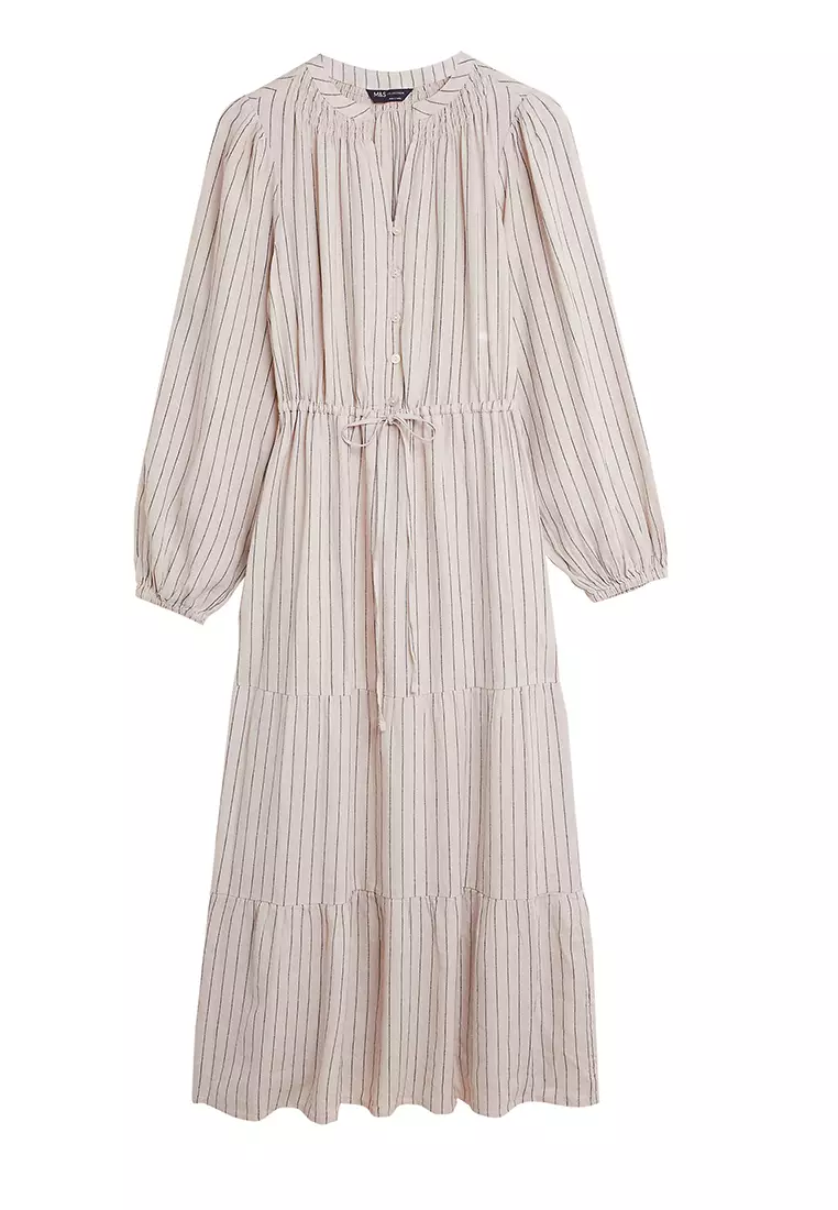 Linen Blend Striped Maxi Tiered Dress