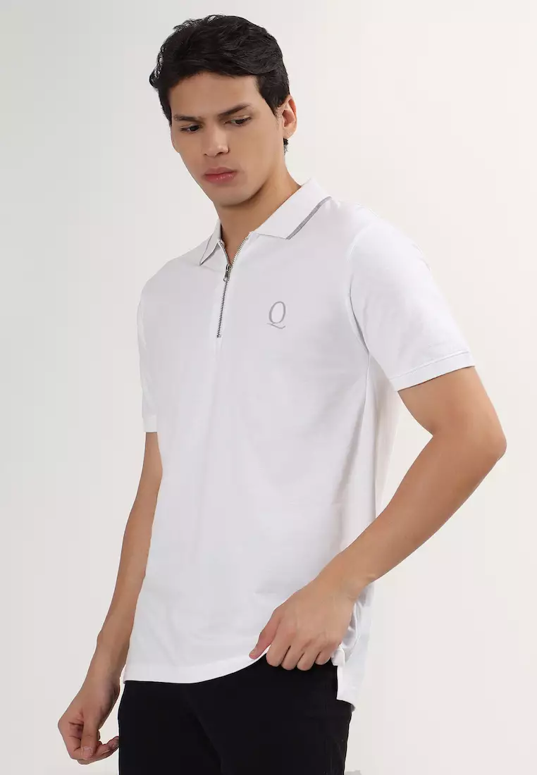 男款白灰色翻领袖口棉质 Polo 衫/T 恤，拉链款，短袖，运动服，休闲装