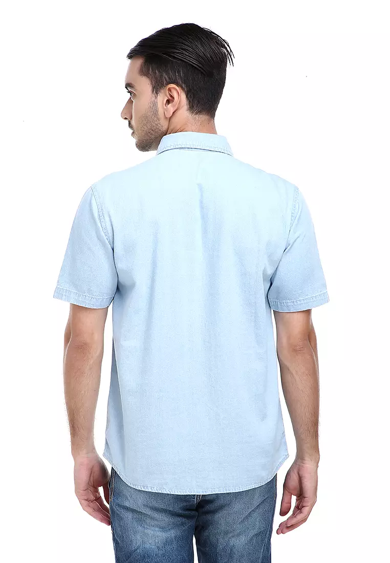 Dwan Shirt Kemeja Pria Kasual Lengan Pendek Material Jeans Premium ORIGINAL - Light Blue