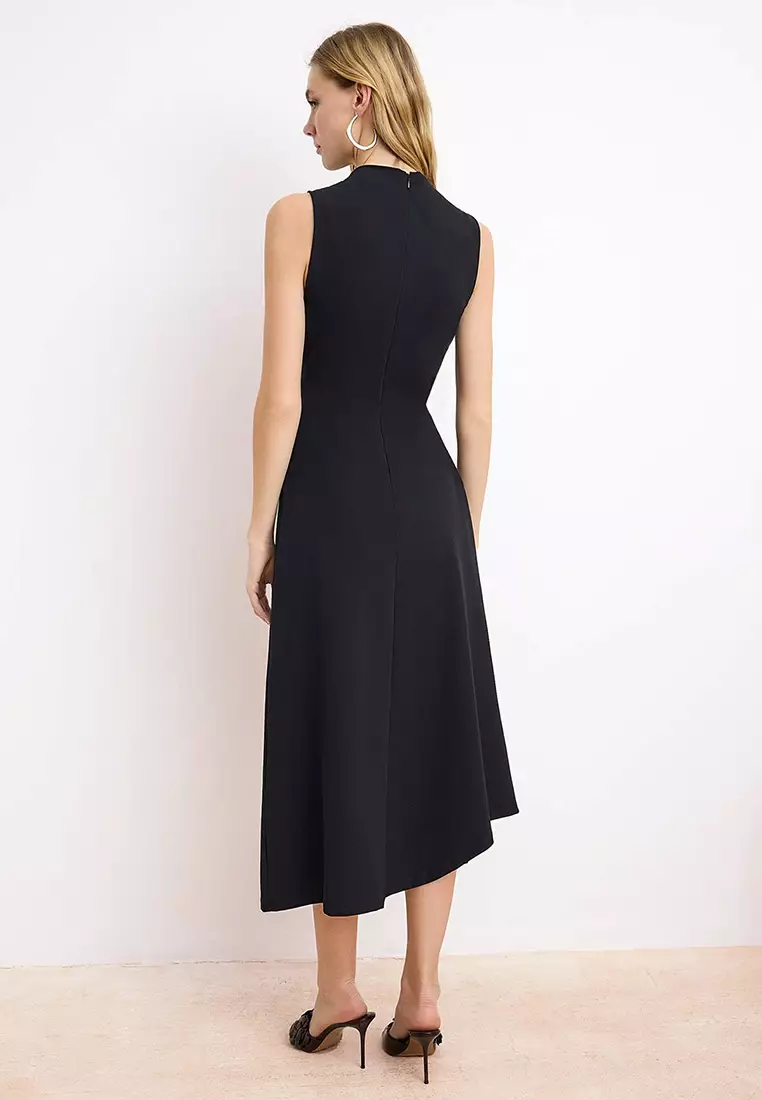Black A-Line/Bell Form Asymmetrical Sleeveless Shirred Midi Paper Touch Knitted Dress Twoss26El156
