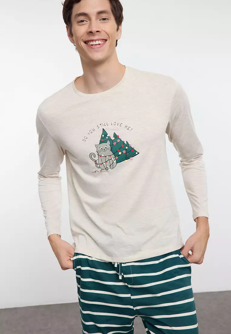 Beige Striped Regular Fit Couple Christmas Knitted Pajama Set TMNAW25PT00045