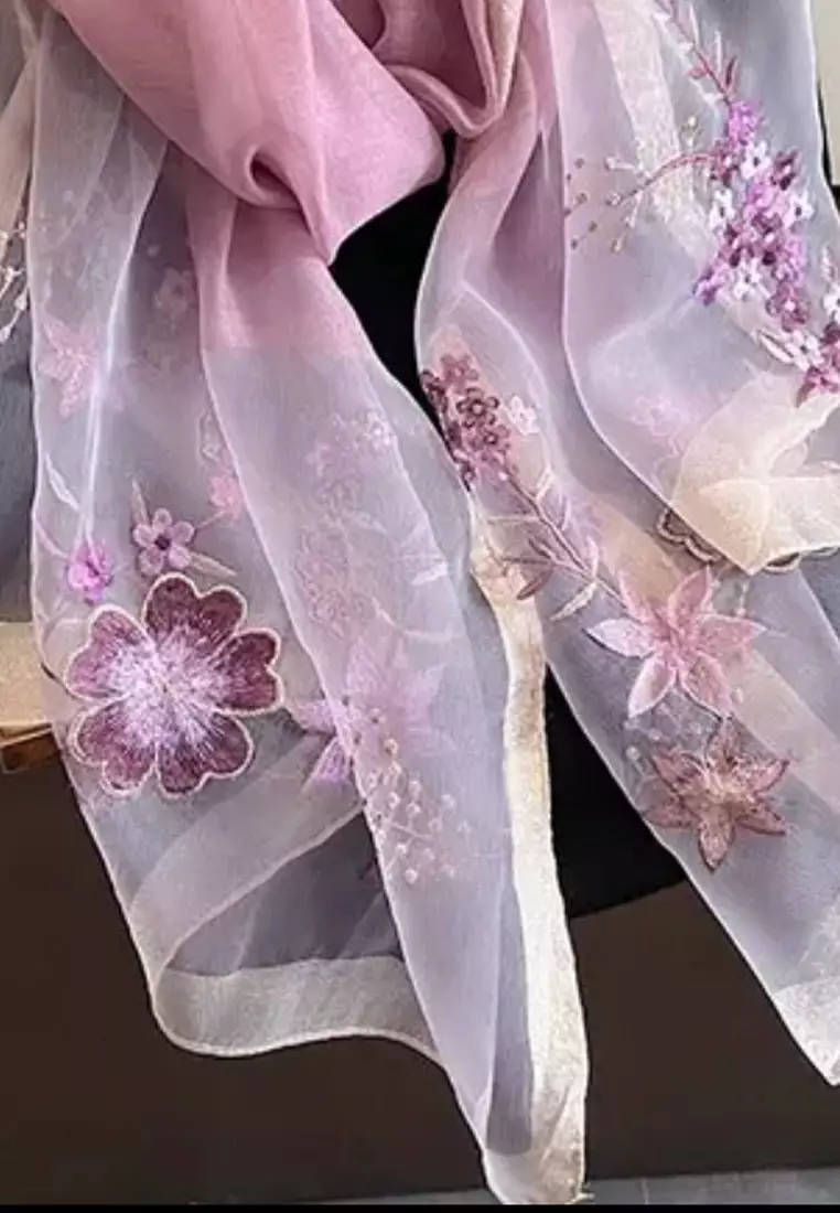 Golden Thread Embroidery Flowery Silk Shawl Syal Sutra Wanita Lavender
