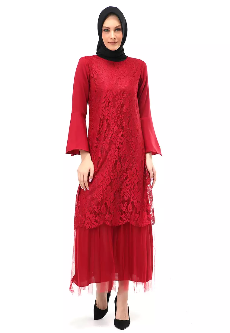 Regita Gamis Brukat Muslimah Wanita Long Dress Regular Fit - Maroon