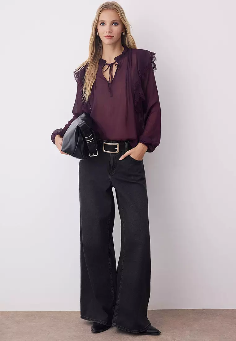 Plum Chiffon Transparent Lace Detailed Woven Blouse Twoaw26Bz00182