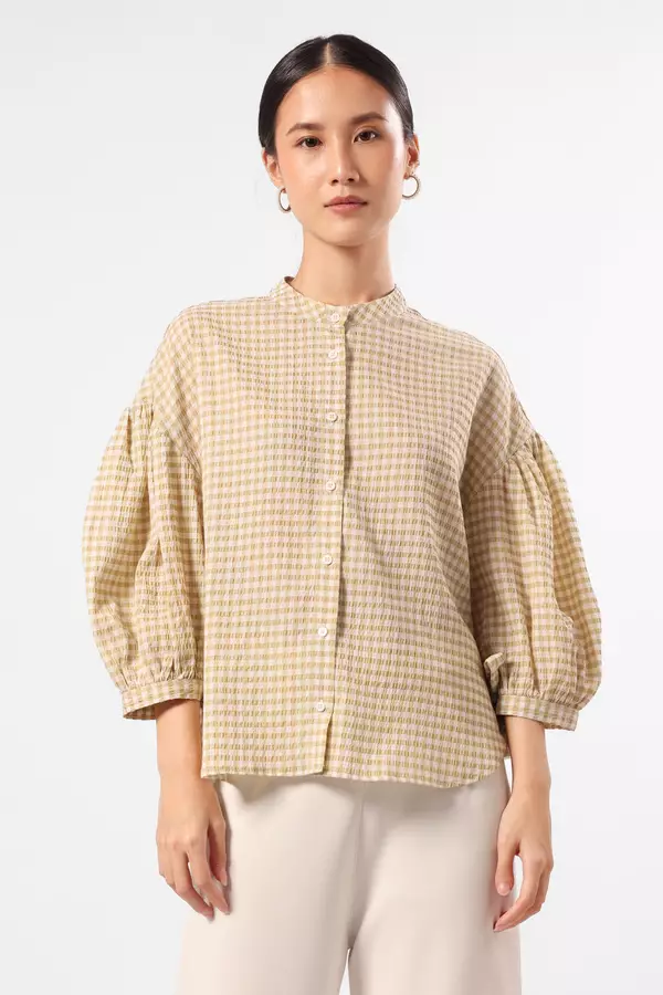 MINIMAL - Harmony - Plaid Blouse Lengan Balon - Brown Colour Brown