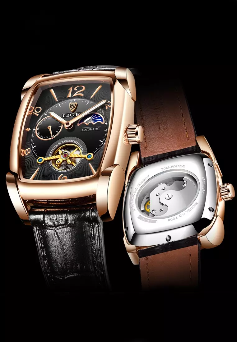 Automatic Unisex Rose Gold Finish Barrel-shape Watch 46x38mm, Black Leather Strap