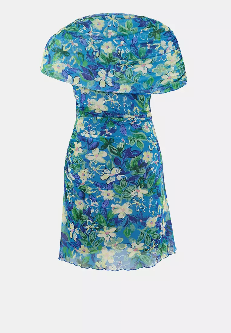 Limited Edition Blue Floral Print Tulle Knitted Plus Size Dress Tbbss26Ah00182