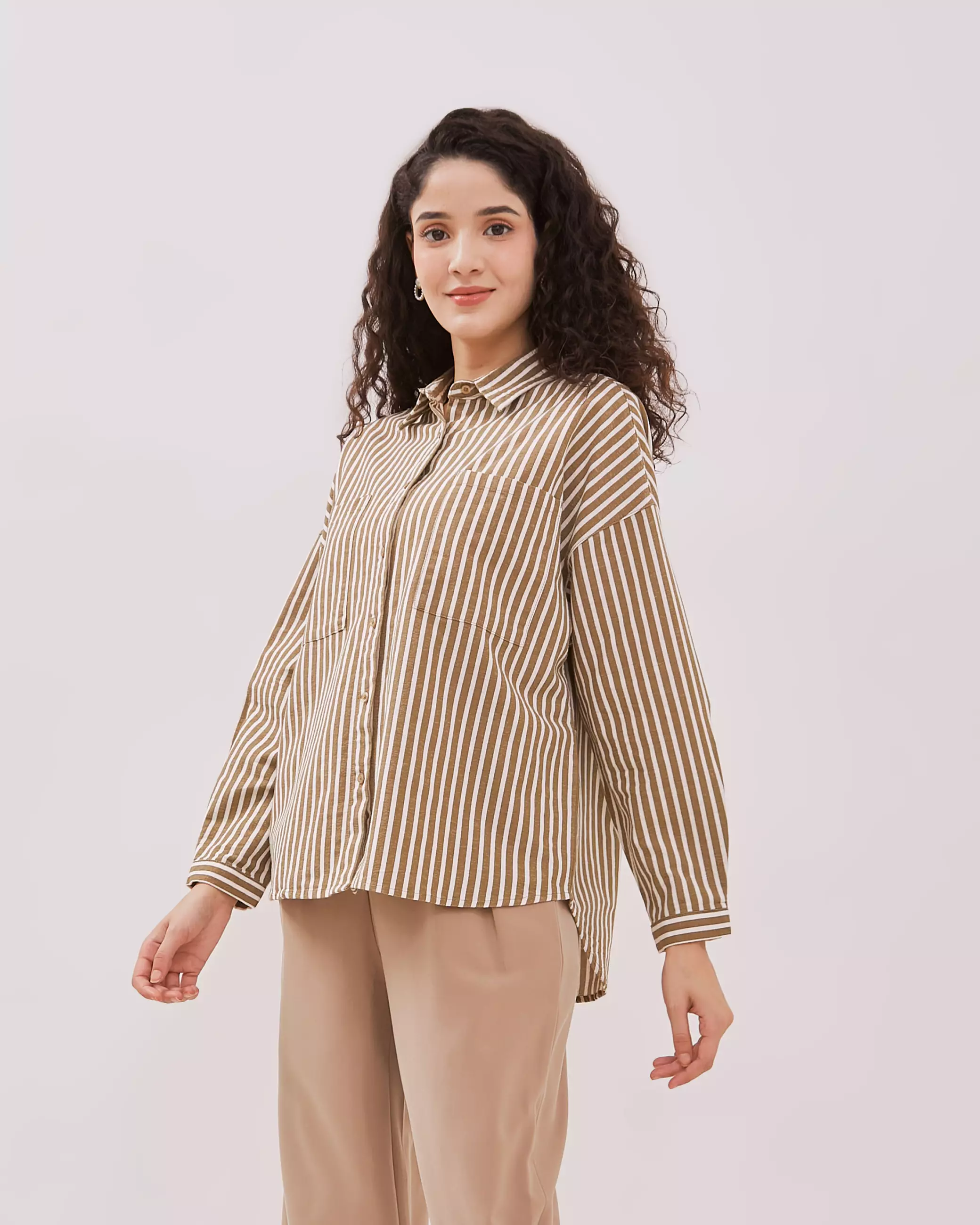 Urban Exchange Anisa Light Brown Shirt - Kemeja Oversize Stripe Garis Lengan Panjang Warna Light Brown