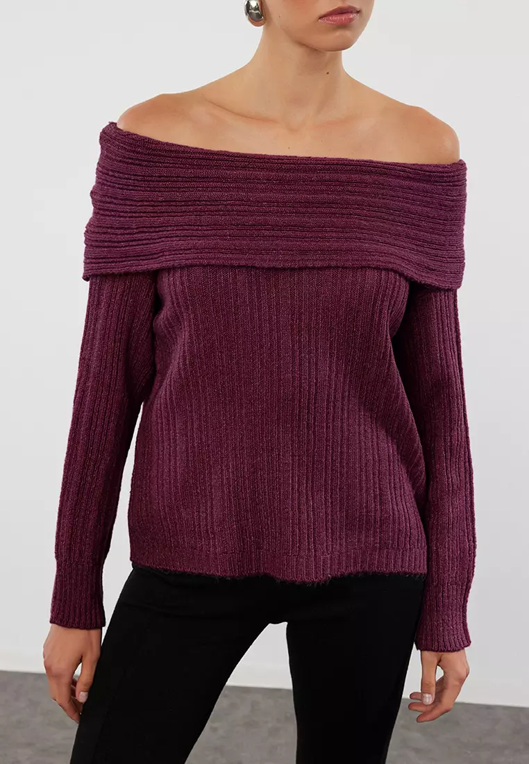 Burgundy Soft Textured Carmen Collar Knitwear Sweater