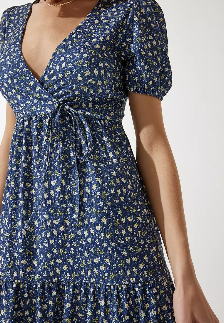 Floral Patterned Wrap Collar Dress