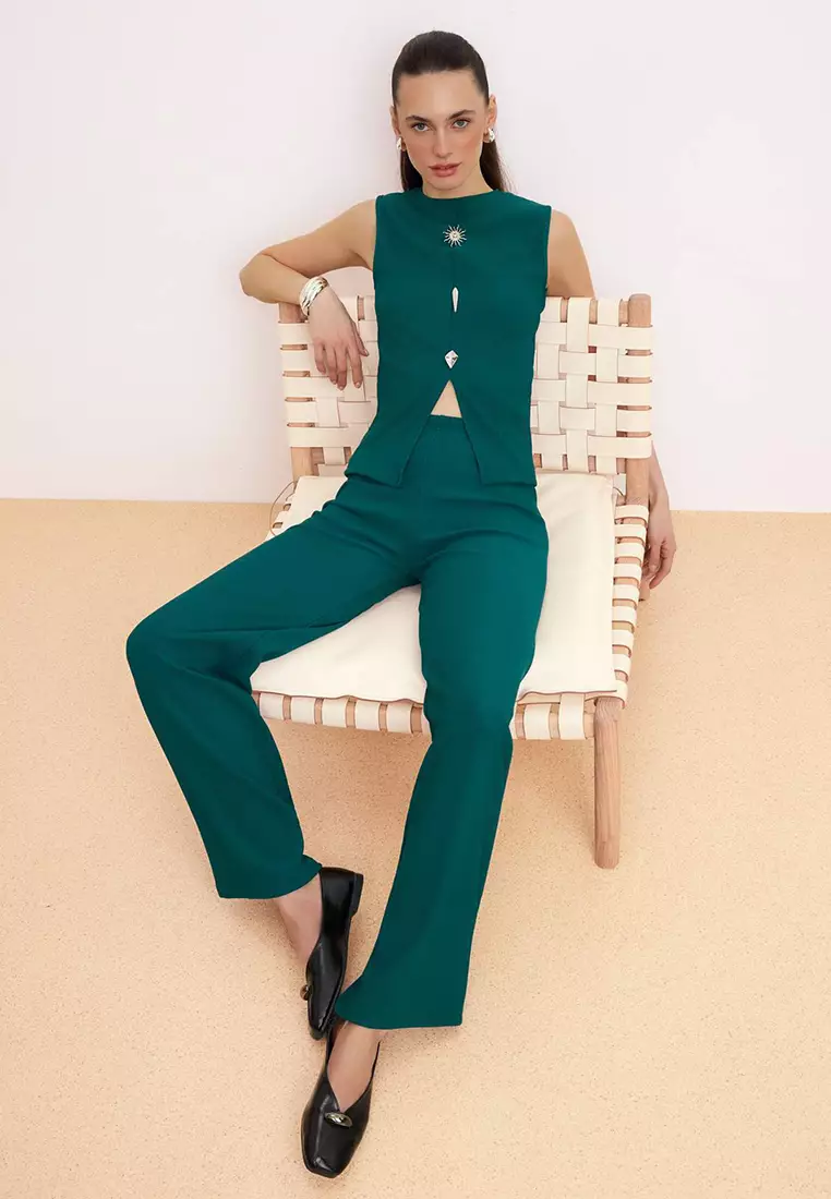 Emerald Green Silver Button Accessory Zero Sleeve Top Pants Knitted Bottom - Top Set Twoaw26Au83