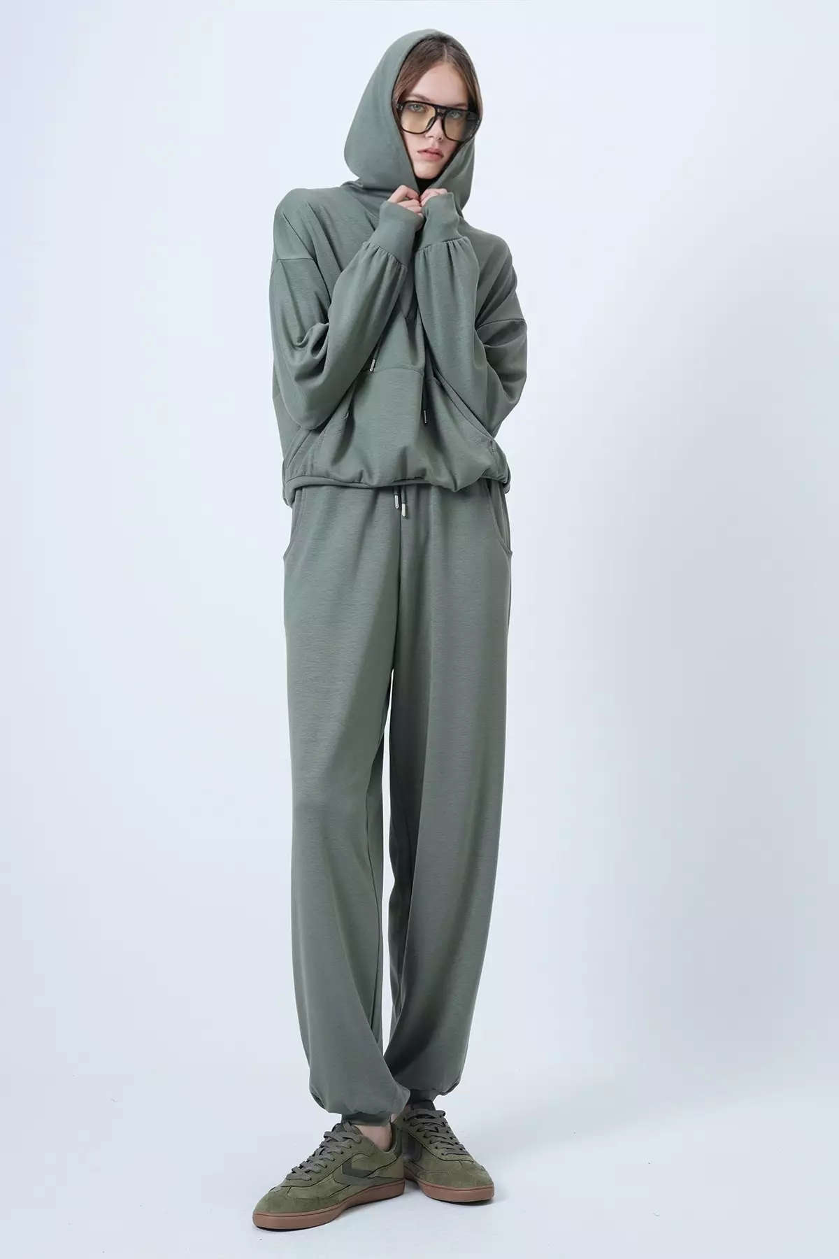 Women'S Khaki Hooded V-Neck Oversized Modal Sweatshirt And Pants Set Alc-X14646