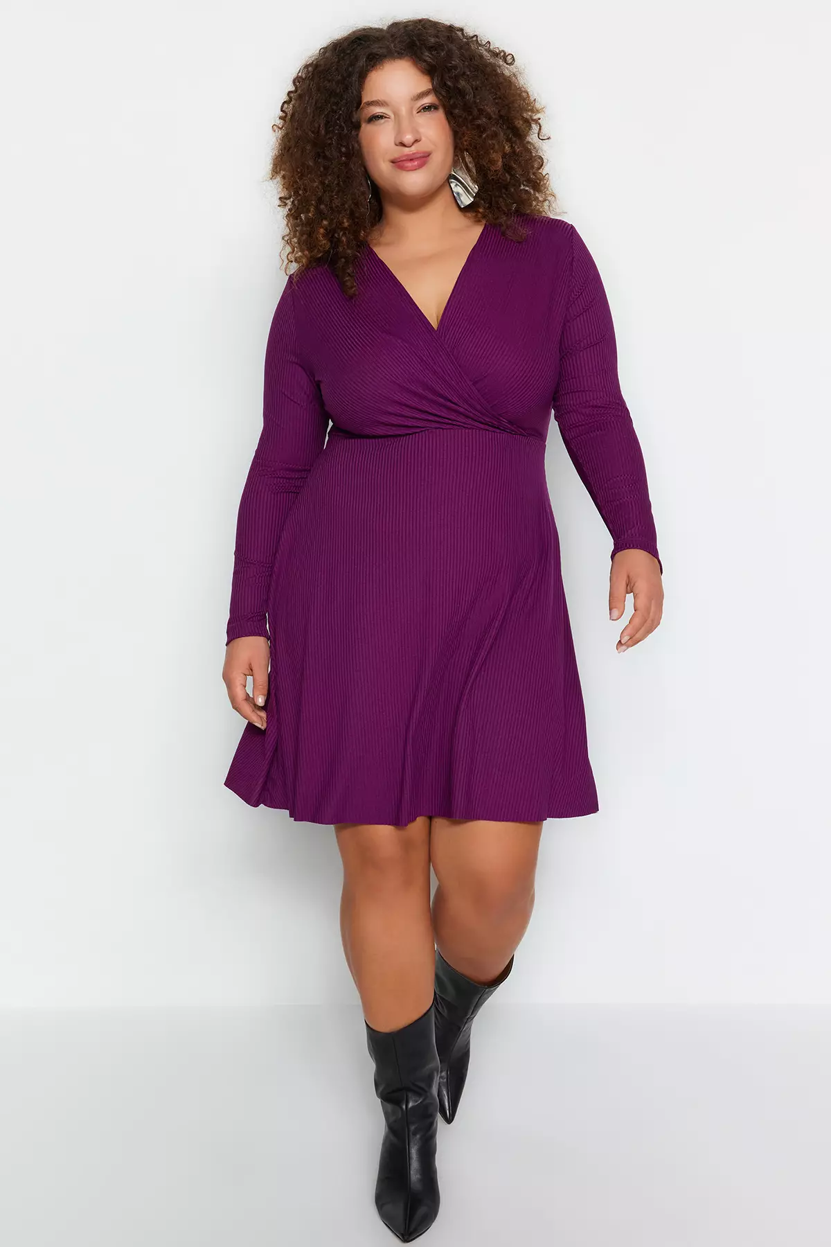 Trendyol Plus Size Plum Plain Double Breasted Mini Knitted Dress
