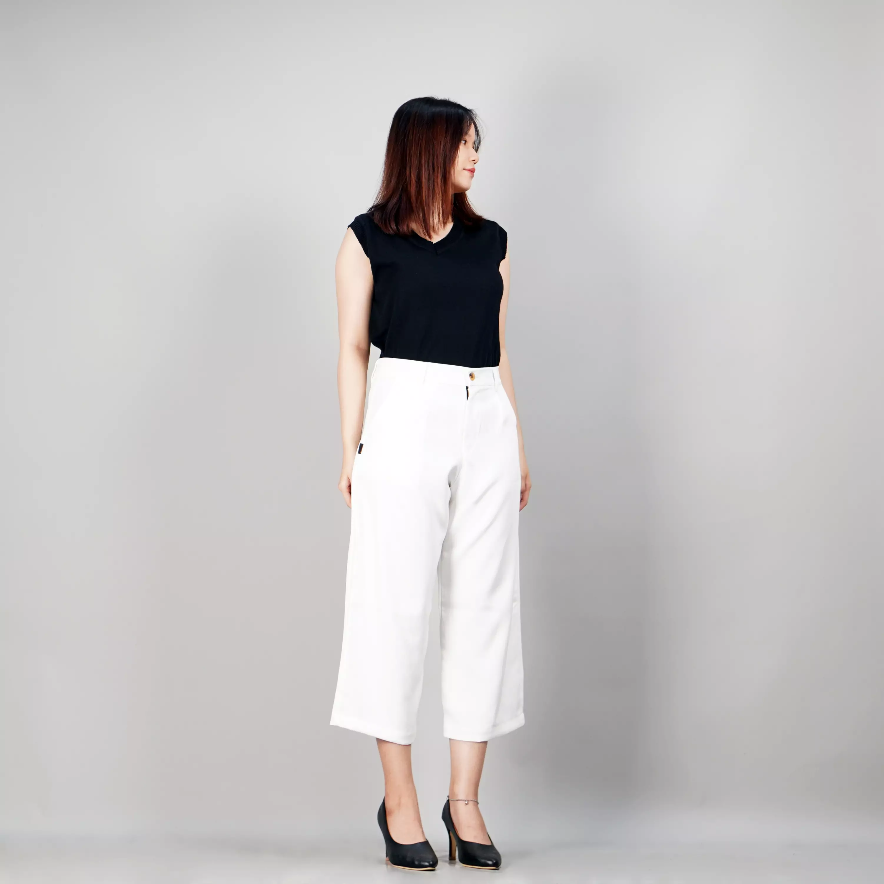 MONICA Celana Cropped Wide Leg Wanita 3/4 High Waist Wide Leg Pants - PUTIH