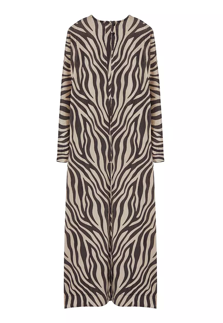 Beige Crinkle Knit Animal Zebra Pattern Dress TCTSS24EB00284