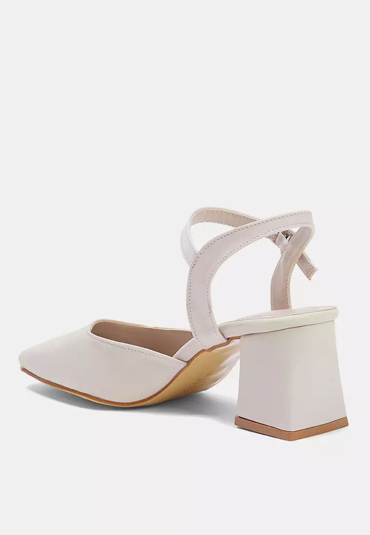 Beige Ankle Strap Square Toe Women's Block Heeled Shoes Takss25To00052