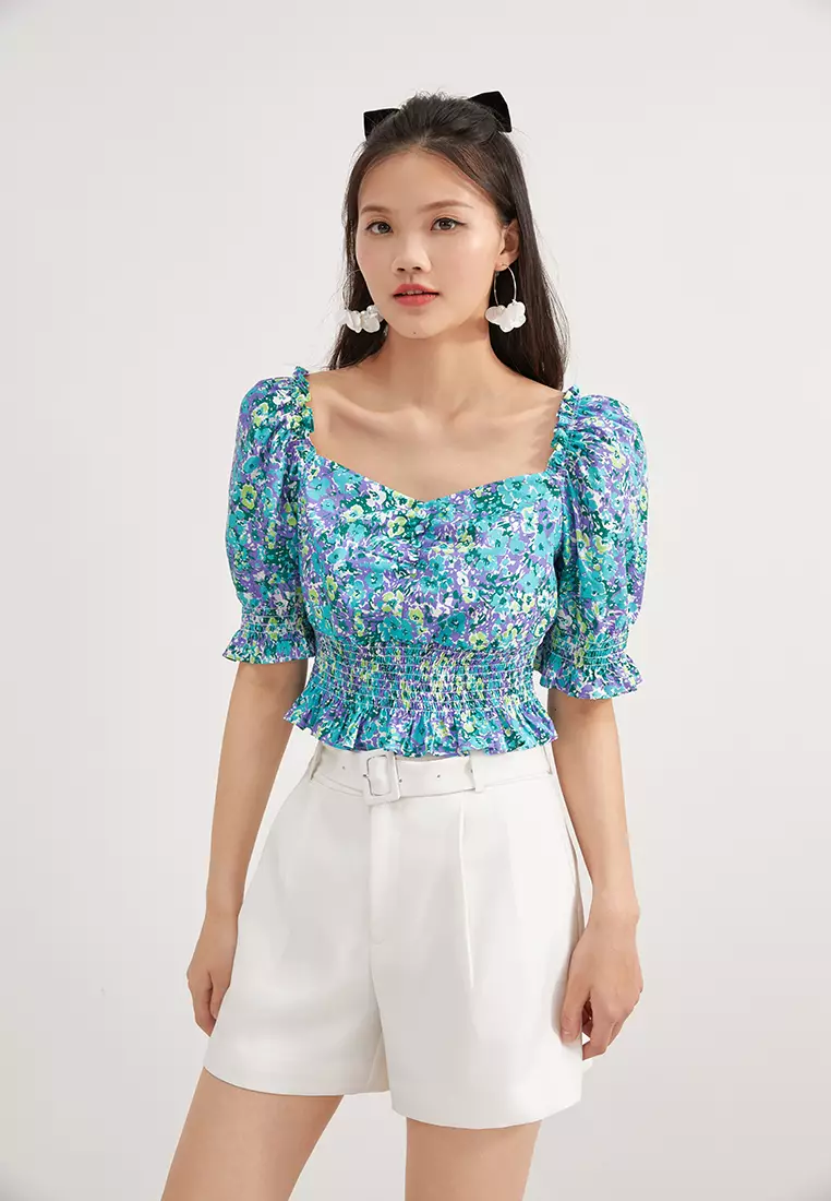 Slim Waist Square Neck Floral Crop Top