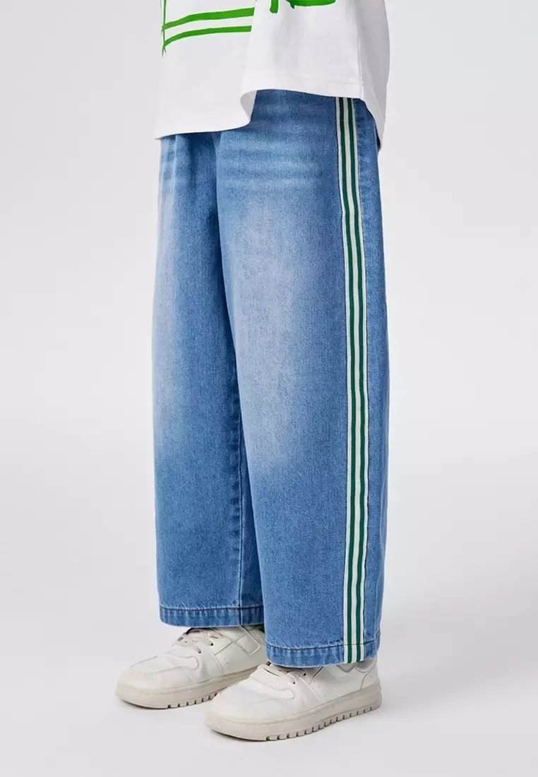 Semi Faded Denim Long Pant with Bright Stripe