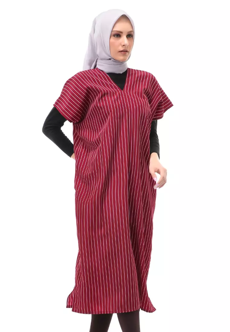 Lolita Long Dress Wanita Kerah V Neck Motif Stripe Free Cuff Regular Fit - Maroon