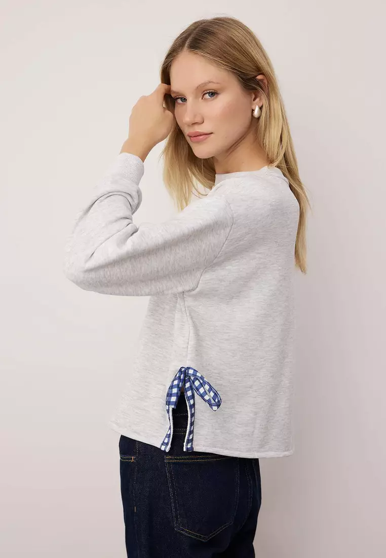 Kar Melanj Ribbon Detailed Crew Neck Thick Fleece Lined Crop Knitted Sweatshirt Twoaw26Sw75