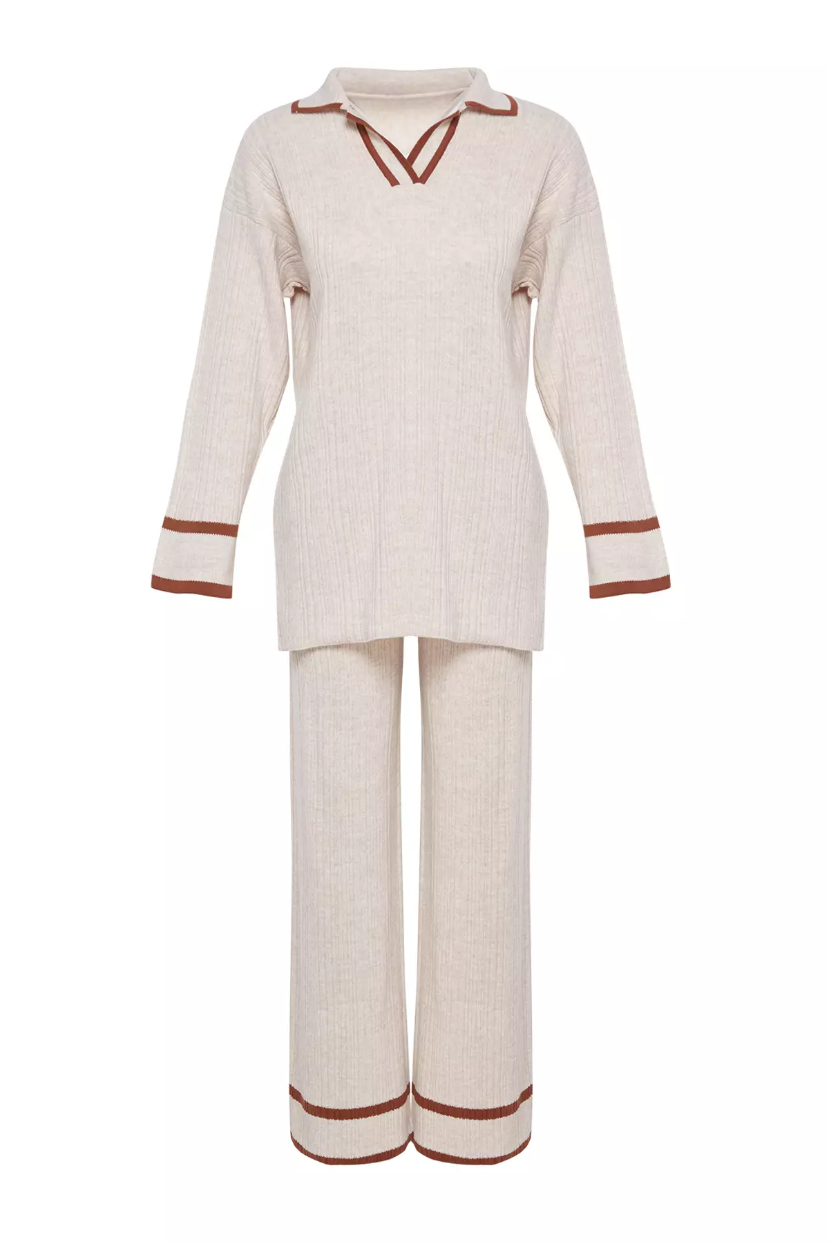 Stone Brown Piping Knitwear Sweater Trousers Bottom-Top Set TCTAW25US00015