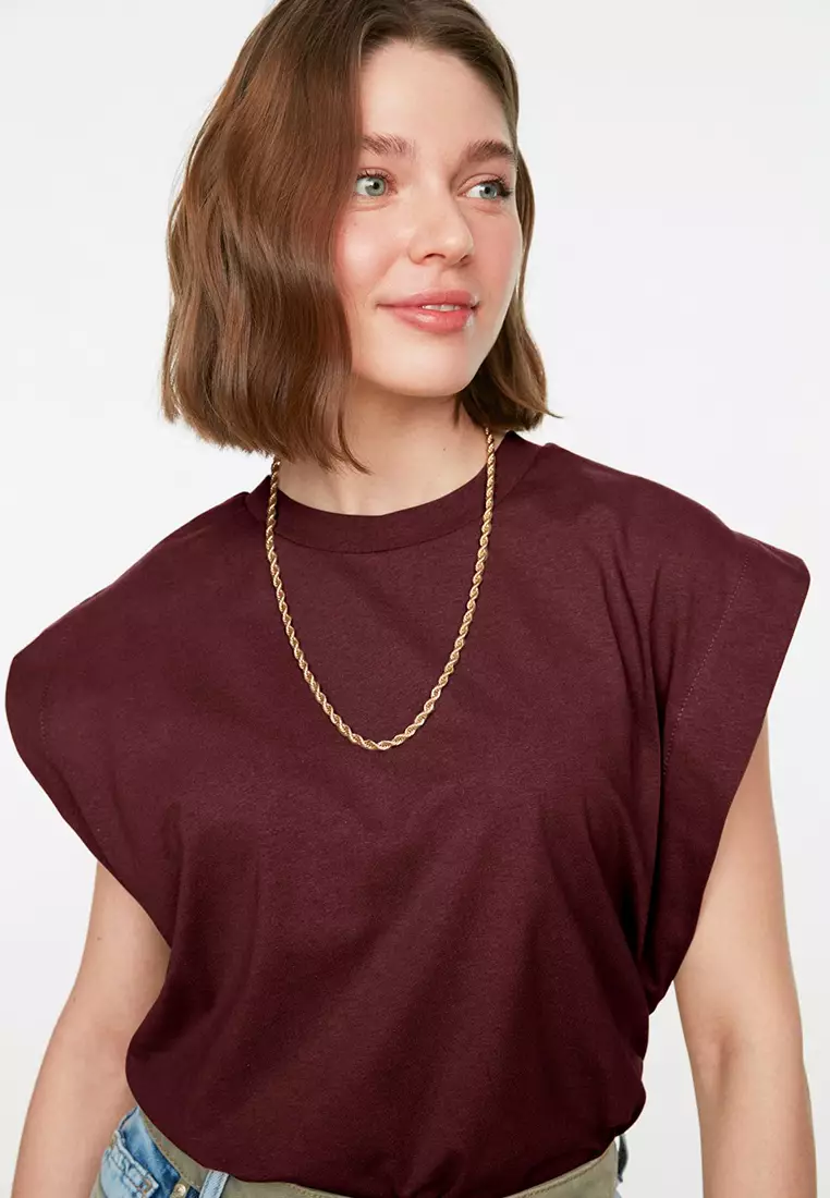 Claret Red 100% Cotton Padded Look Basic Crew Neck Knitted T-Shirt TWOSS20TS0021