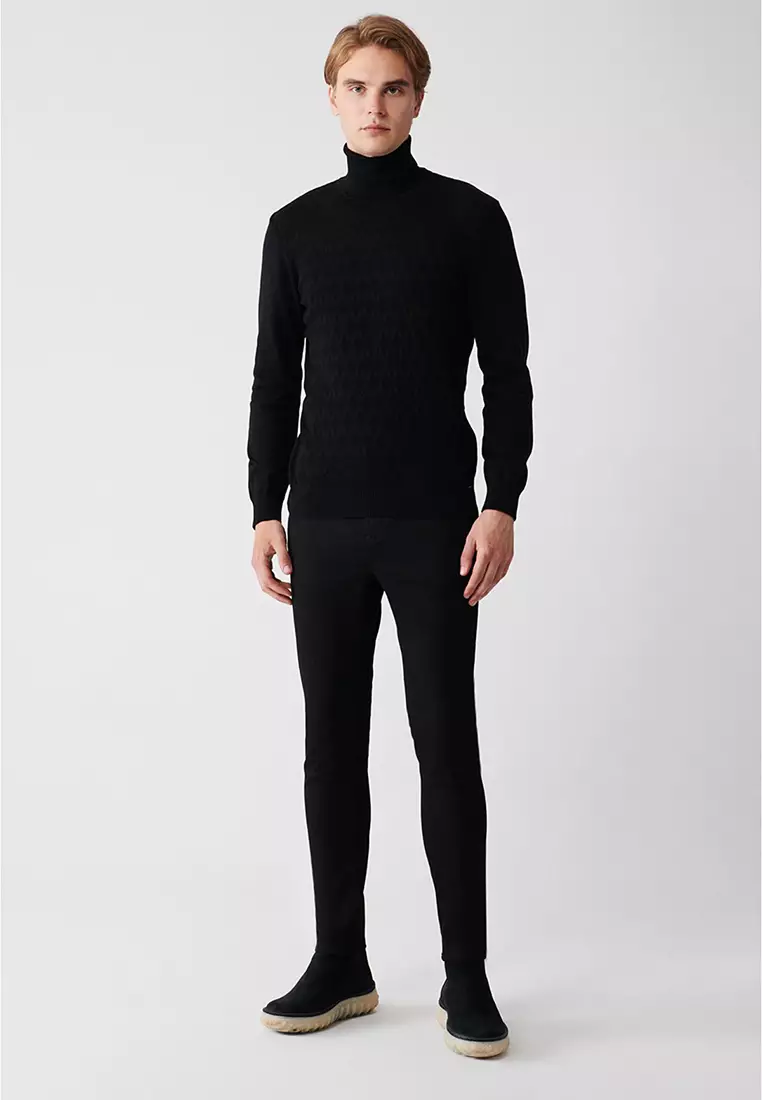 Men's Black Turtleneck Cotton Patterned Knitwear Sweater A32Y5198