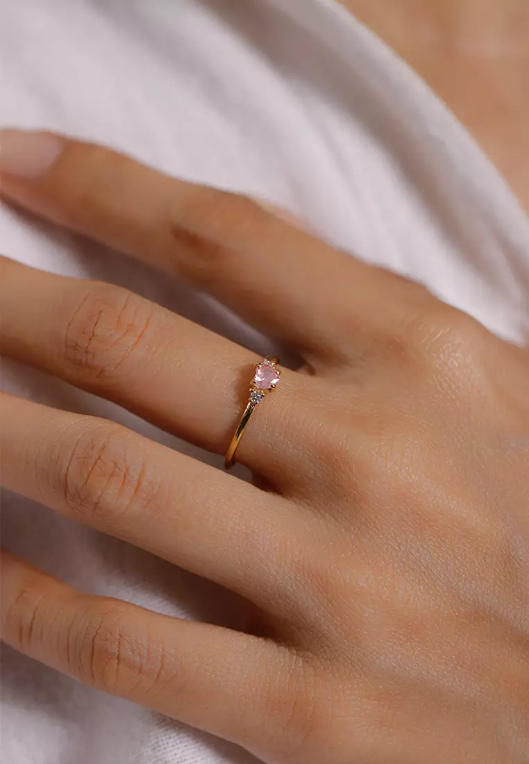 Cincin Perhiasan Perak 925 Wanita Engagement Heart Zirconia Crystal Pink Gold Plated