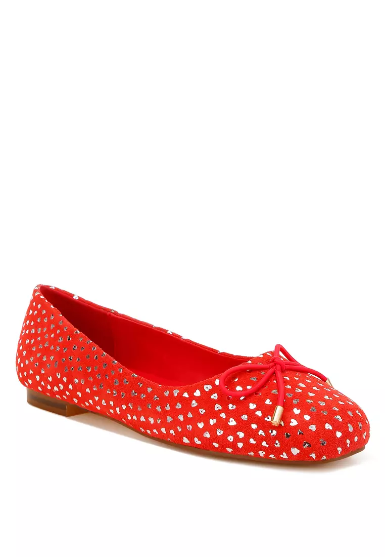 Bow Detail Embossed Suede Ballerinas Red