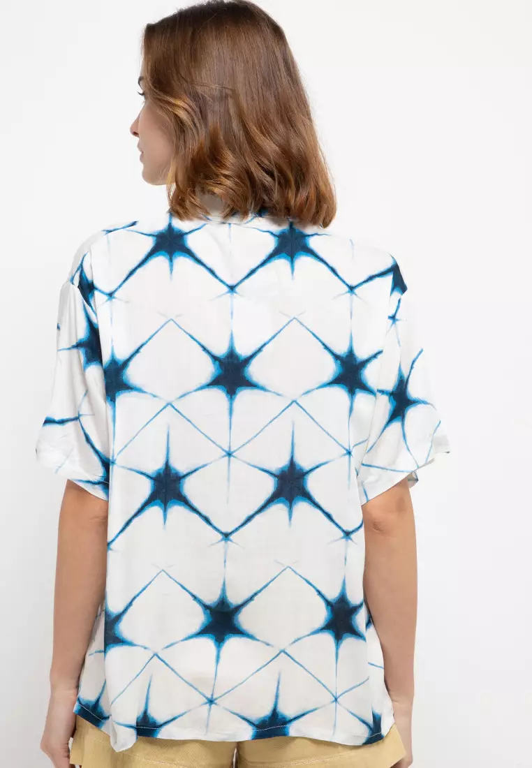 Nade Japan FTA35 VCS Kemeja Rayon Tie Dye Star Kemeja kerah 2-in-1 Kemeja Piyama Wanita Biru