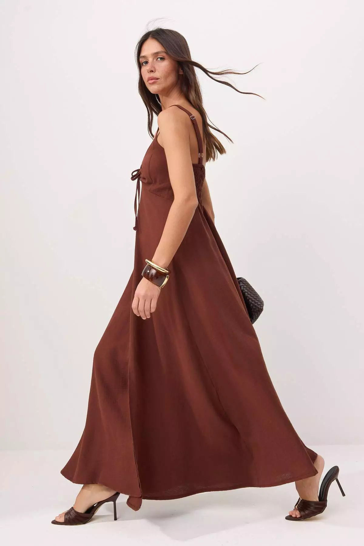 Buy Trendyol Light Brown Linen Cross Back Strap Maxi Woven Dress ...