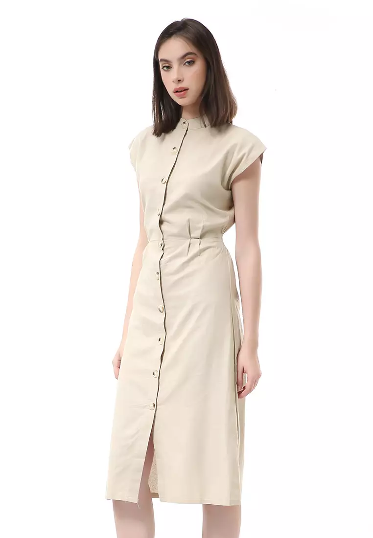 Rachel Rok Wanita Lengan Pendek Button Front Midi Dress Material Sateen ORIGINAL - Nude Brown