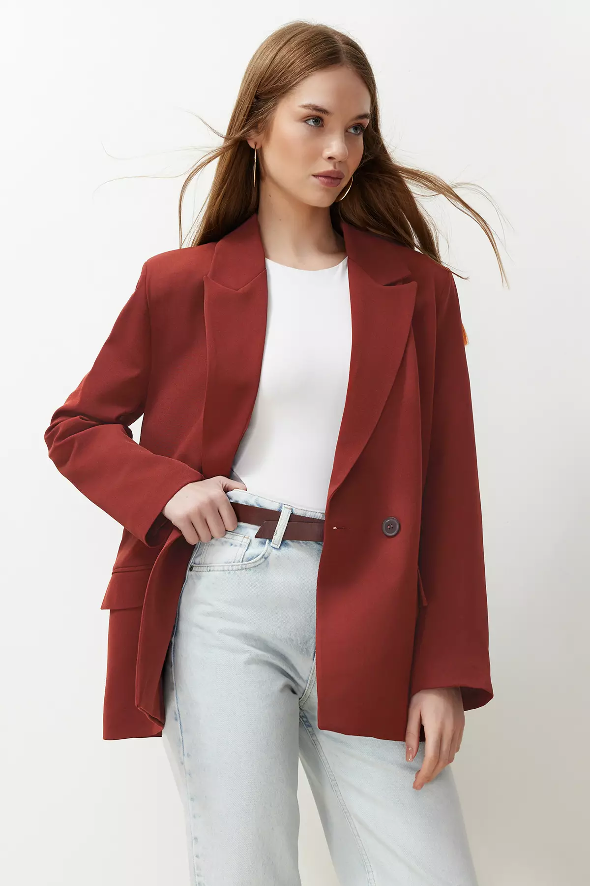 Burgundy Tile Oversize Straight Cut Basic Double-Breasted Woven Blazer Jacket Twoss24Bc28