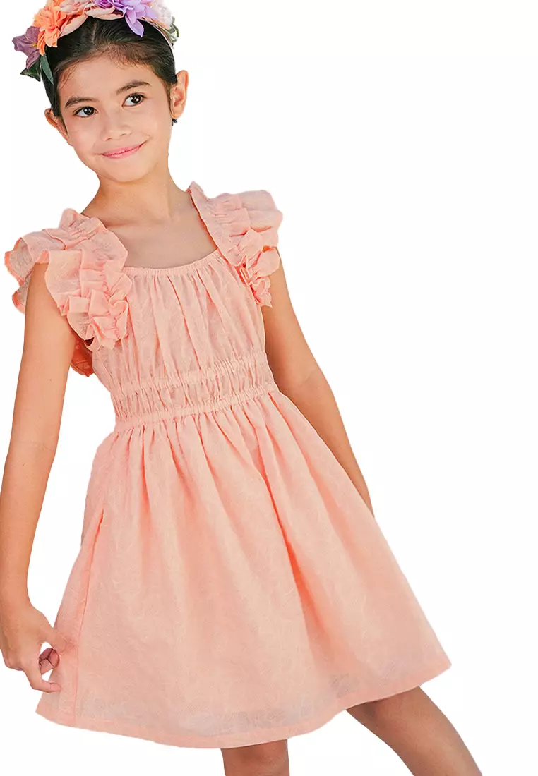 Yuno Floral Textured Smocked Waist Dress With Ruffle Sleeves