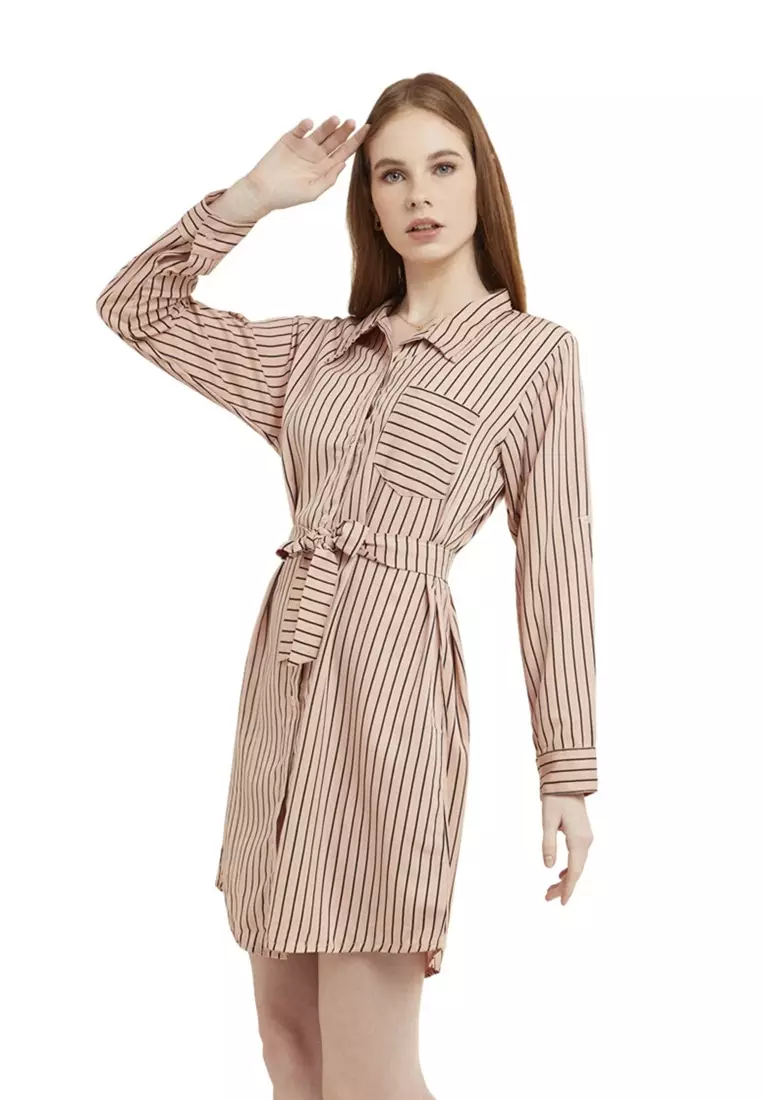 Tunik Salur Self Tie Belt Baju Wanita Lengan Panjang Garis Regular Fit - Mocca