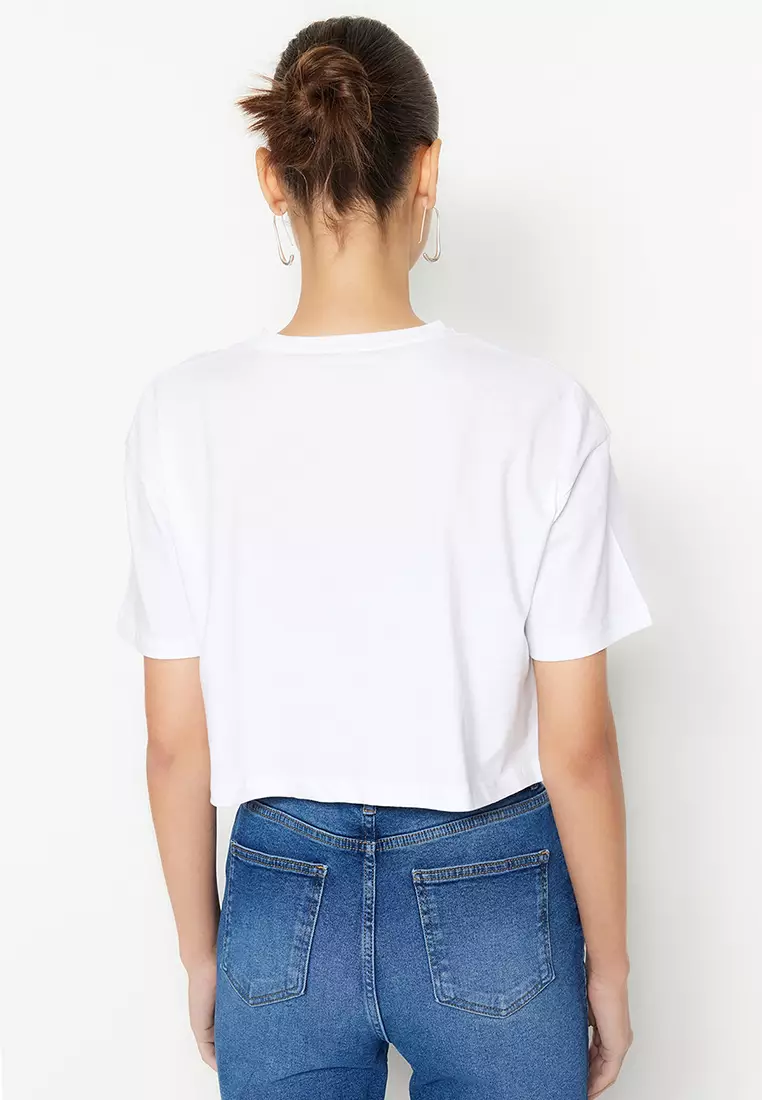 White cropped crew cheap neck