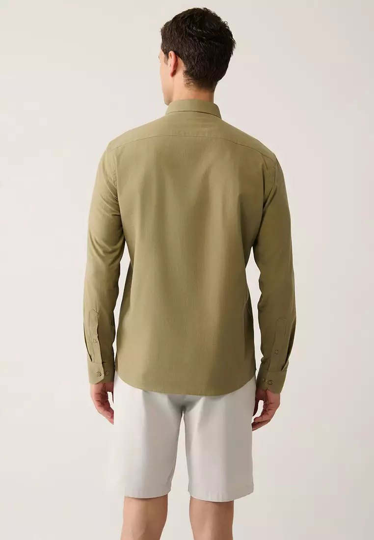 Men's Khaki Button-Down Collar 100% Cotton Linen Textured Shirt E002141