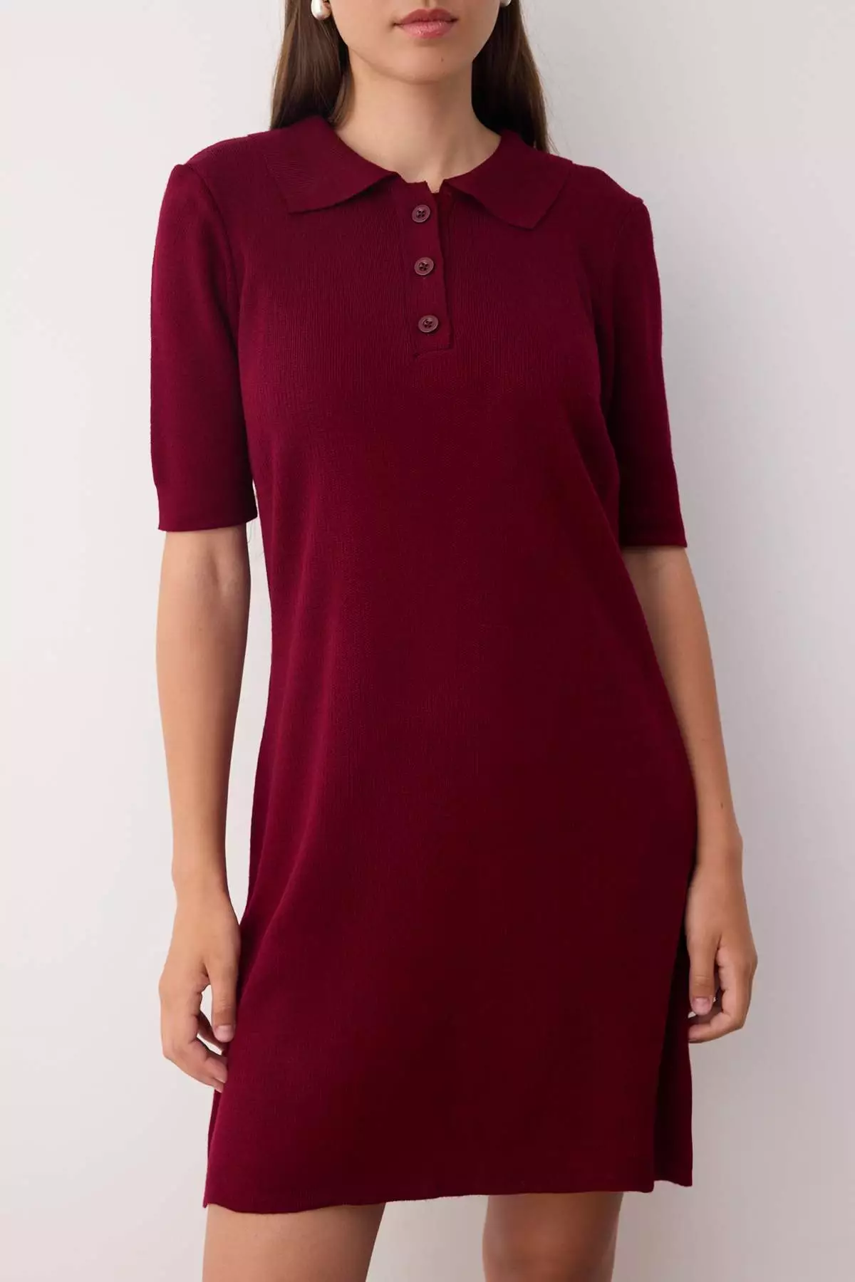 Burgundy Color Block Short / Mini Polo Neck Knitwear Dress Twoaw26El15