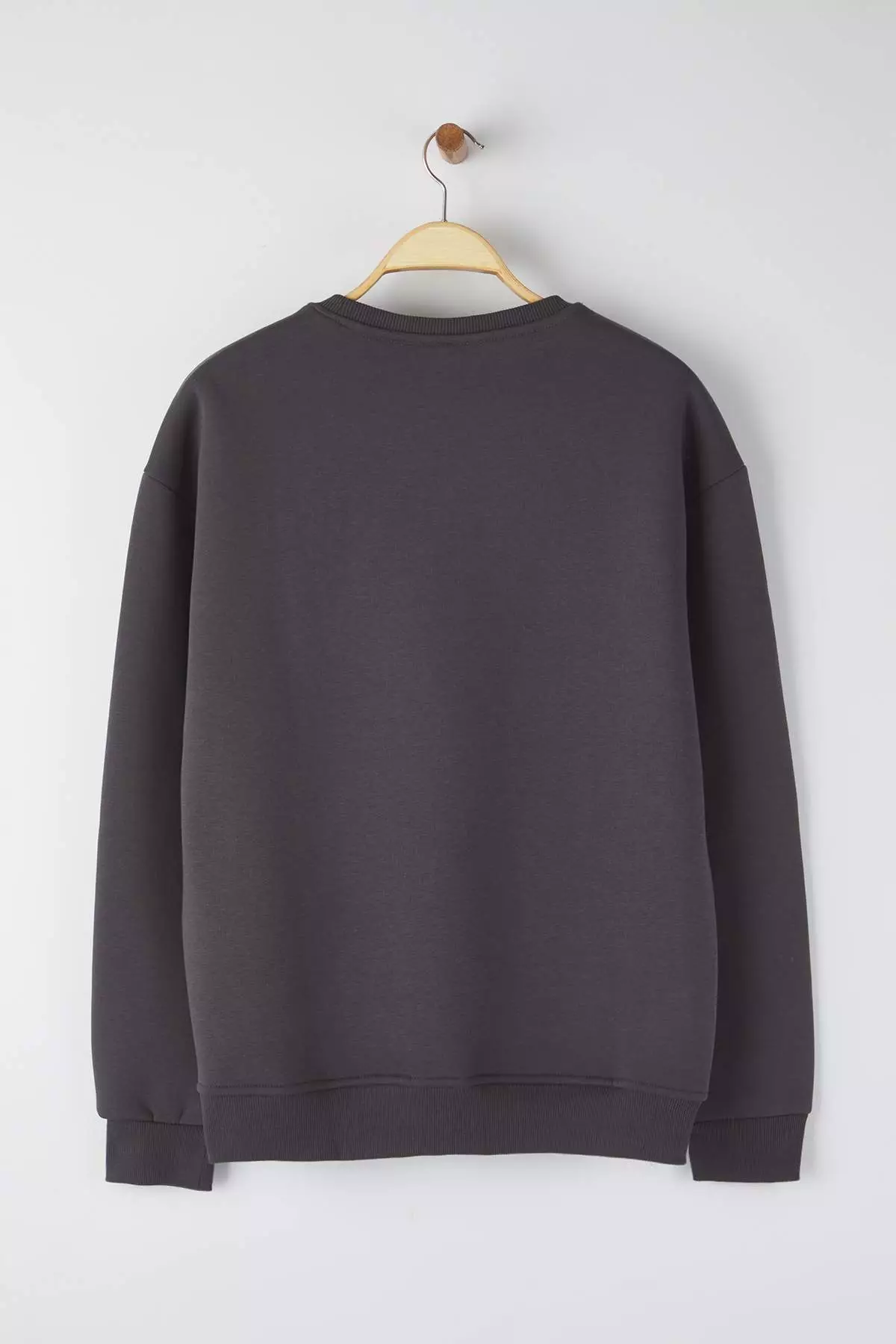 Anthracite Crew Neck Oversize/Wide Cut Polar Fleece Inside Penguin Embroidery Sweatshirt