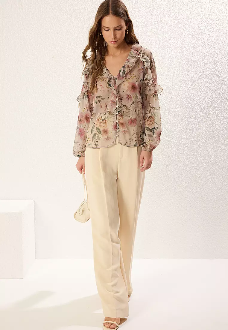 Chiffon Floral Ruffle Shirt