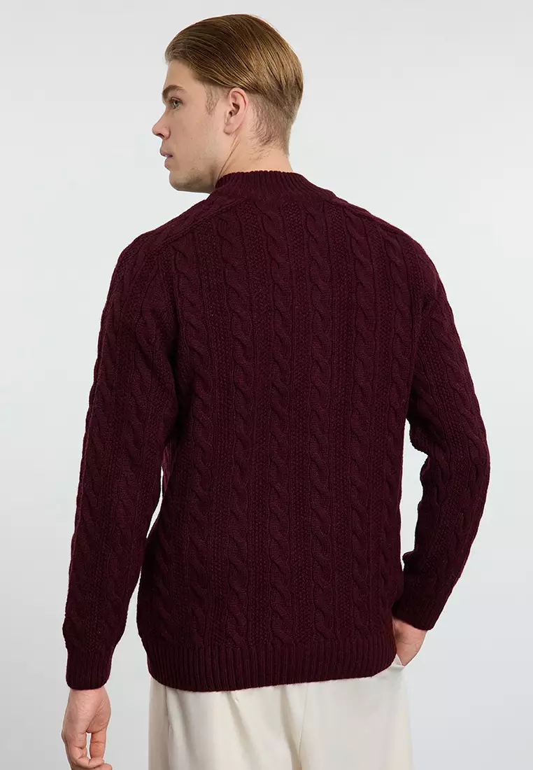 Claret Red Unisex Regular Fit Zippered Half Turtleneck Knit Sweater TMNAW21KZ0737