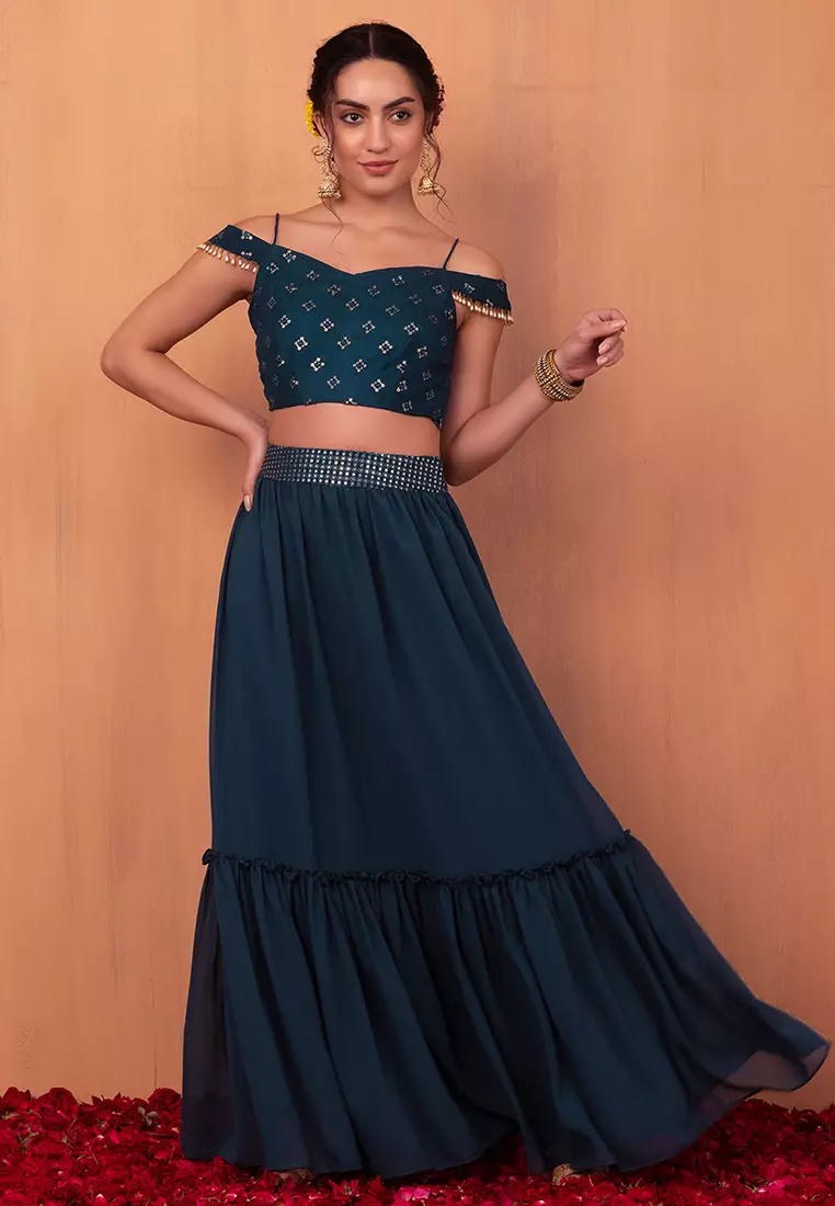 Blue Tiered Embroidered Maxi Skirt Uk Buy Indya Teal Blue