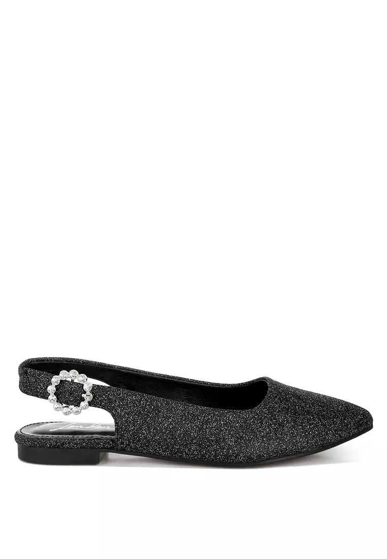 Glitter Slingback Flat Sandals in Black
