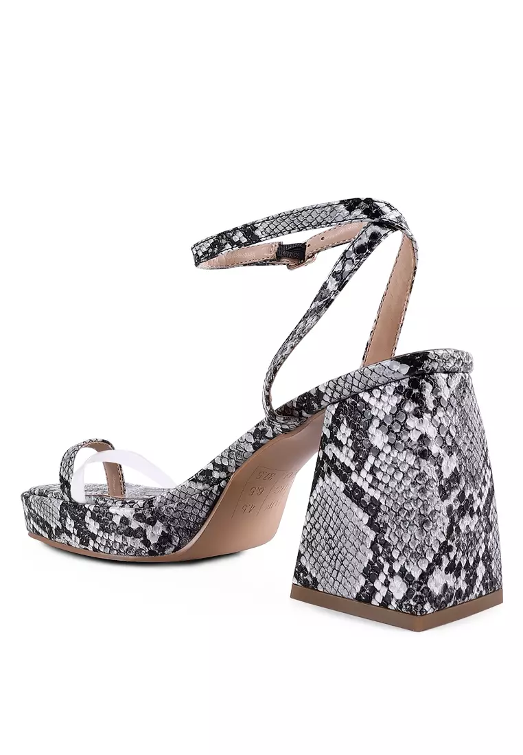 Black Snake Pattern Block Heeled Sandals