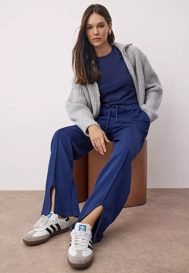 Navy Blue Ribbed Front Slit Elastic Waist Knitted Sweatpants