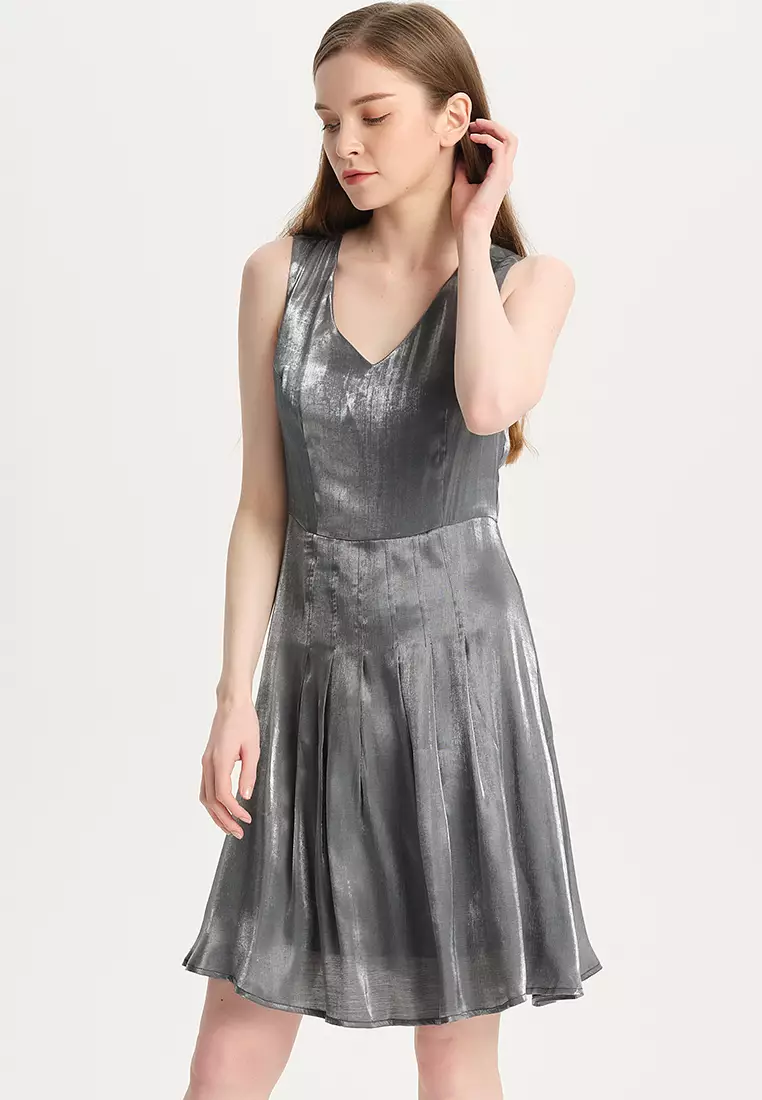 Temperament V-neck Color-Changing Glazed Satin One Piece Dress B22041204SL