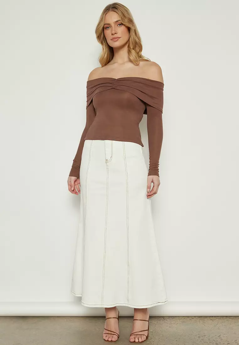 ★SCULPTOR★ Draped OffShoulder Top Plum SC24A227PU Off The Shoulder Slouchy Metallic Sweater - Gold | Boston Proper