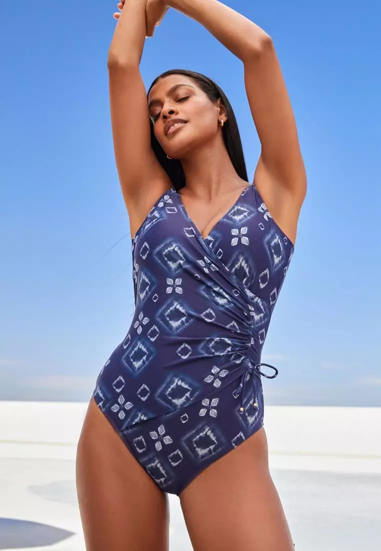 Buy Navy Blue Floral Wrap Plunge Tummy Shaping Control Swimsuit
