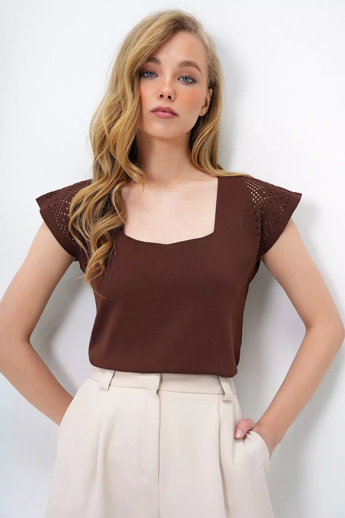 Women's Brown Square Collar Openwork Summer Knitwear Blouse